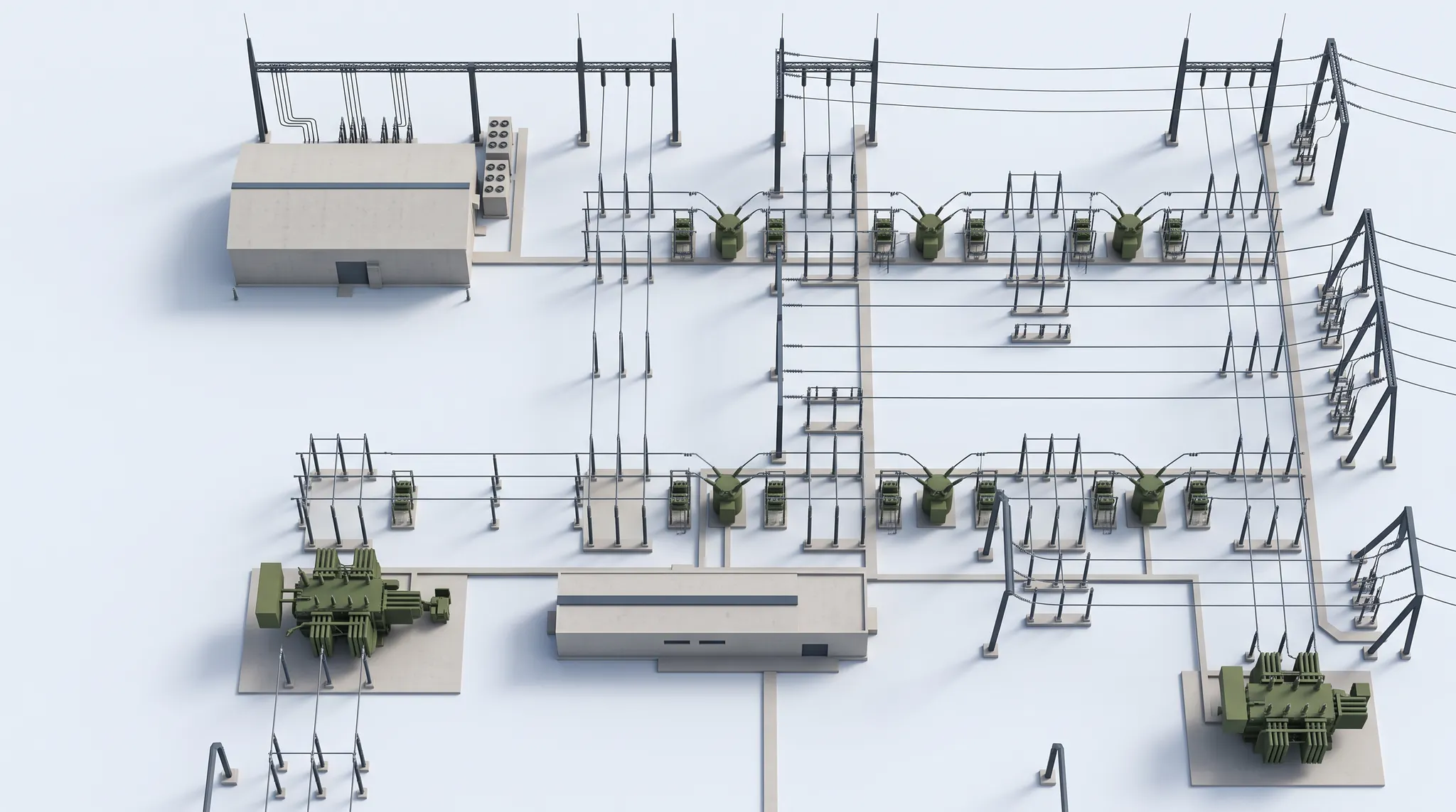 Abstract architectural model of a completed European high-voltage substation.