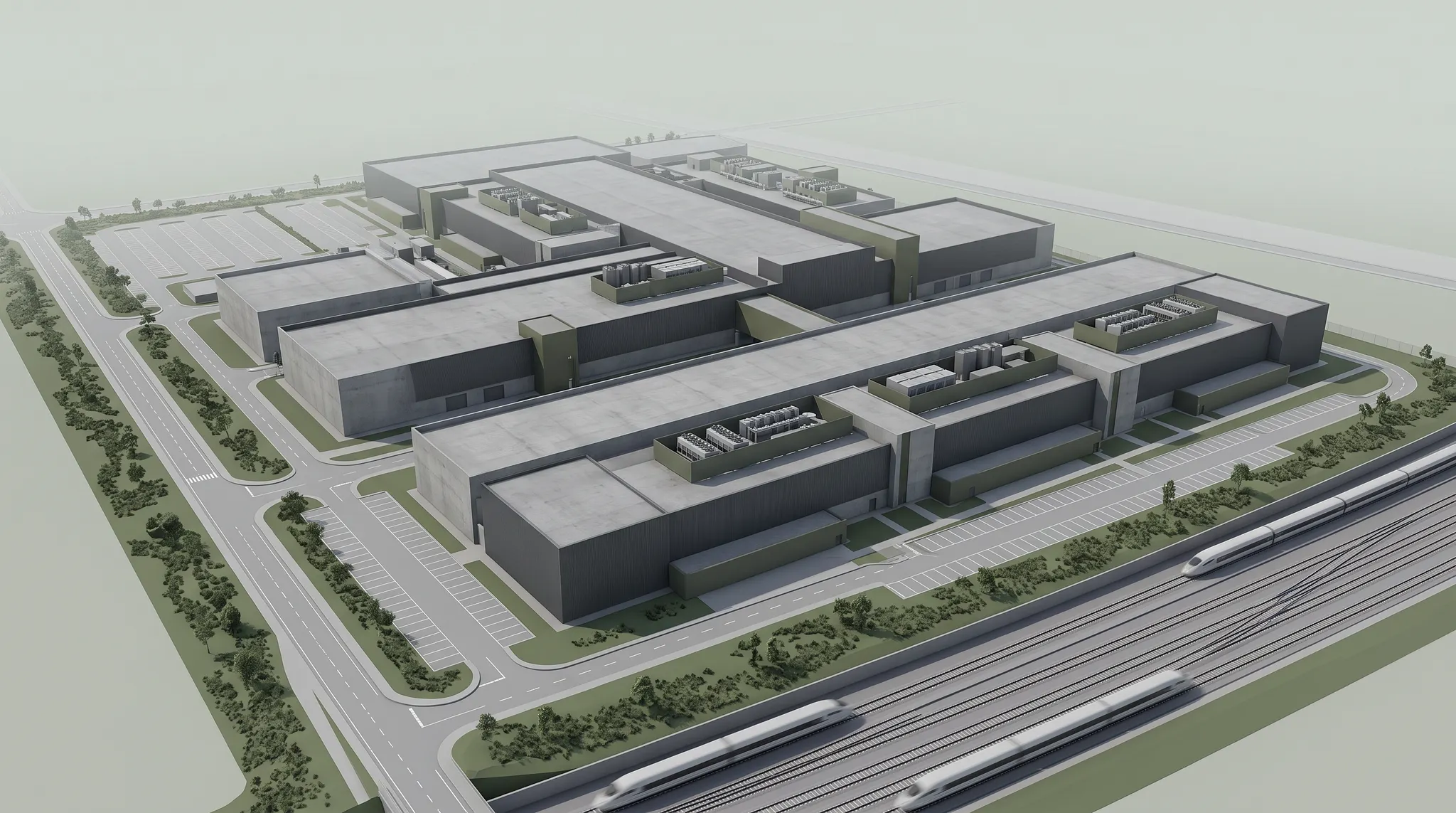 Abstract architectural model of a completed data-centre campus beside a railway corridor.