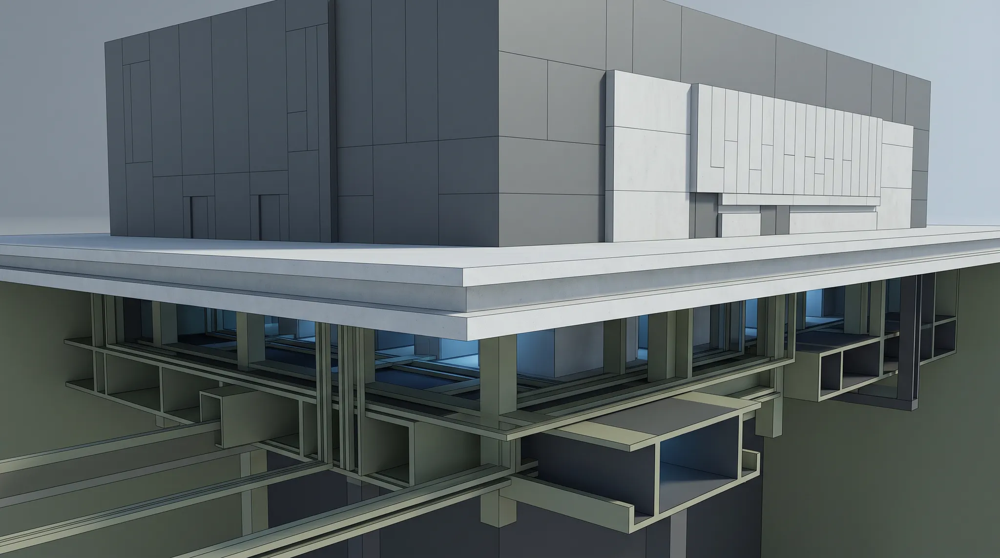 Abstract cutaway model of a completed data-centre building, foundations and underground services.
