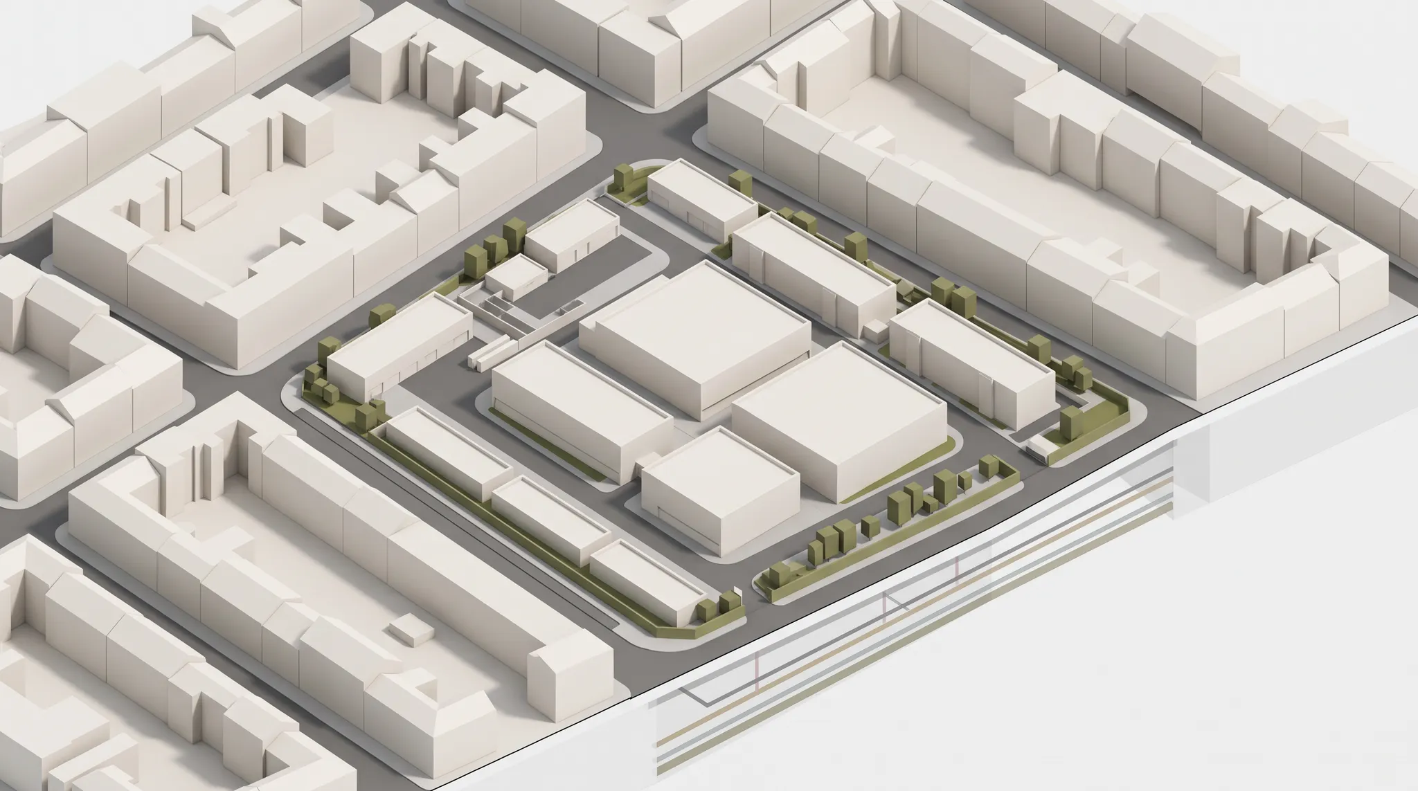 Abstract architectural model of a completed data-centre campus within a European urban block.